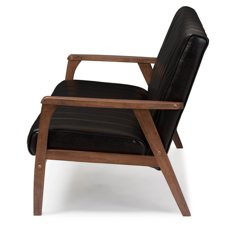 Baxton Studio Nikko Mid-century Black Faux Leather Wooden 3-Seater Sofa 121-6748